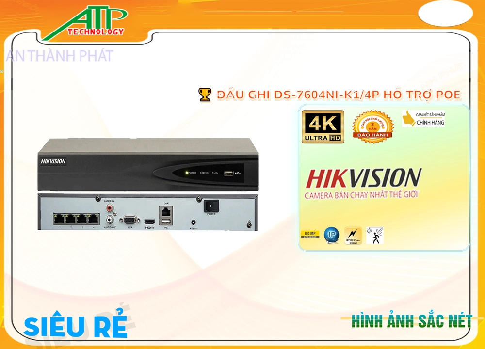 Đầu Ghi Hikvision Chất Lượng DS-7604NI-K1/4P,DS-7604NI-K1/4P Giá Khuyến Mãi, Ip Sắc Nét DS-7604NI-K1/4P Giá
